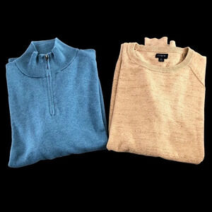 J Crew Factory Mens XL Bundle 2 Cotton Sweaters‎ Quarter Zip Crewneck Blue Tan